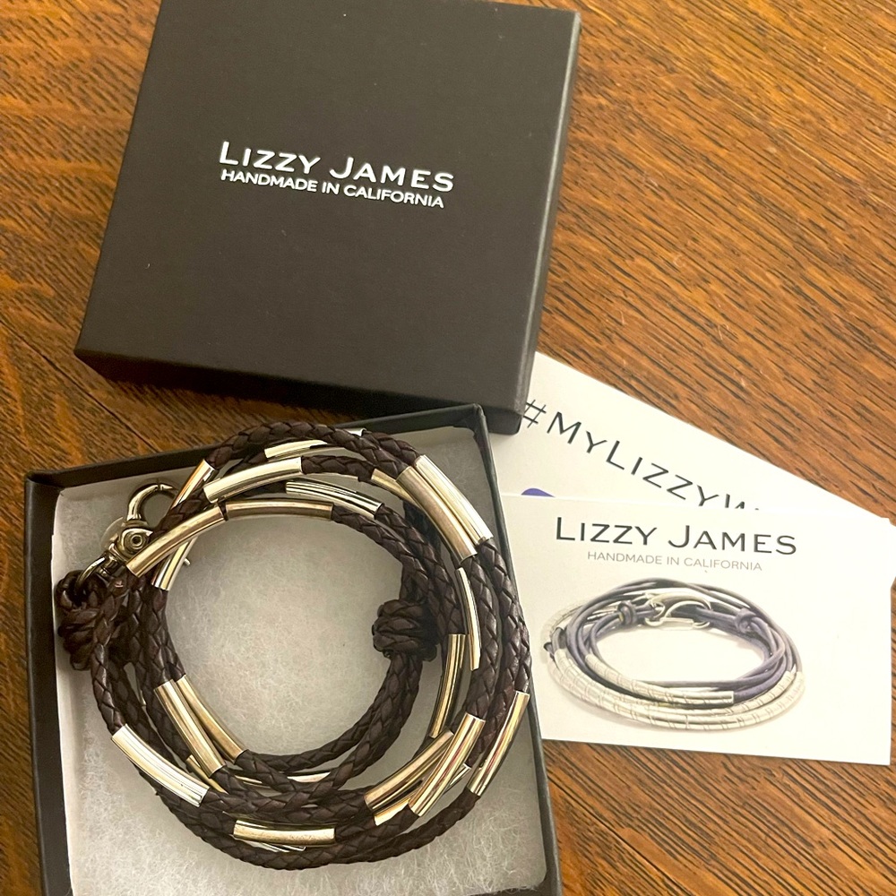 LIZZY JAMES Triple strand bracelet. Leather and silver with claw clasp. 23”